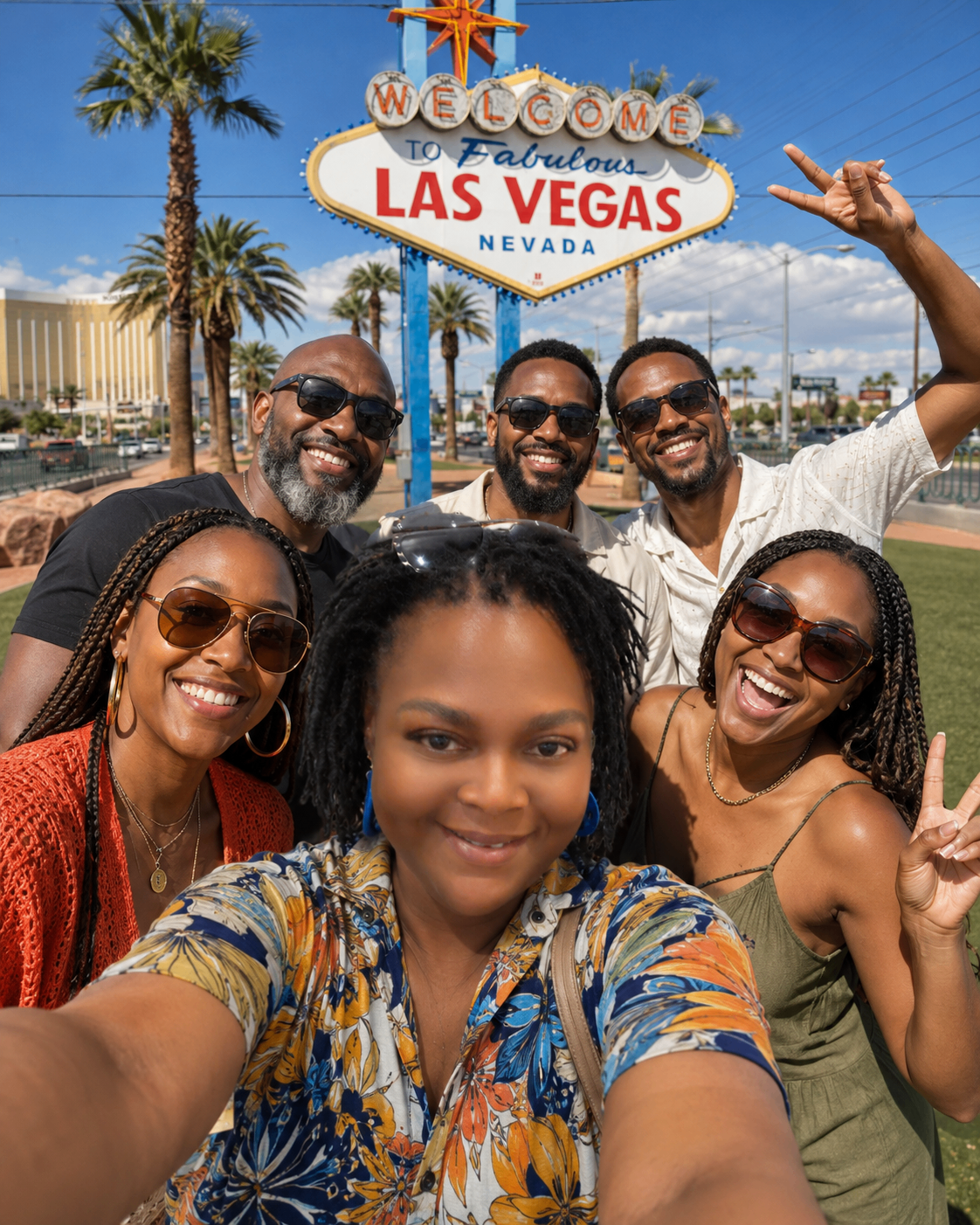A group of travelers posing together at the iconic Welcome to Fabulous Las Vegas sign