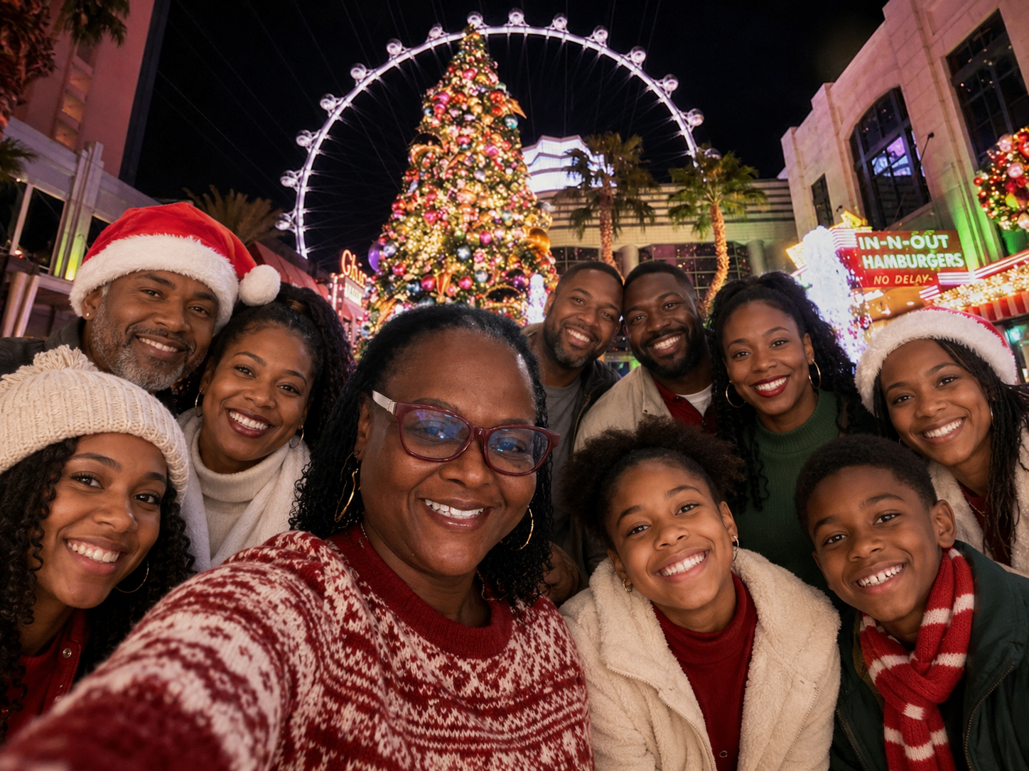 A joyful multigenerational family taking a festive holiday selfie in front of the Las Vegas High Roller and a giant lit Christmas tree