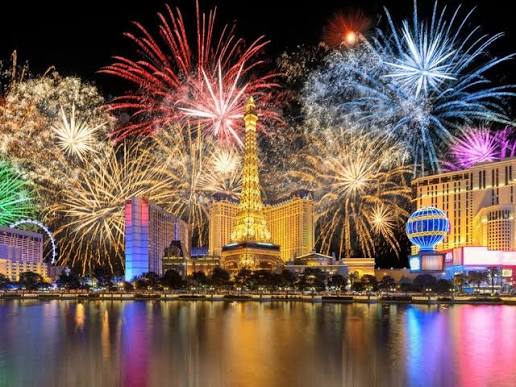 Fireworks bursting over the Las Vegas Strip skyline on a holiday night