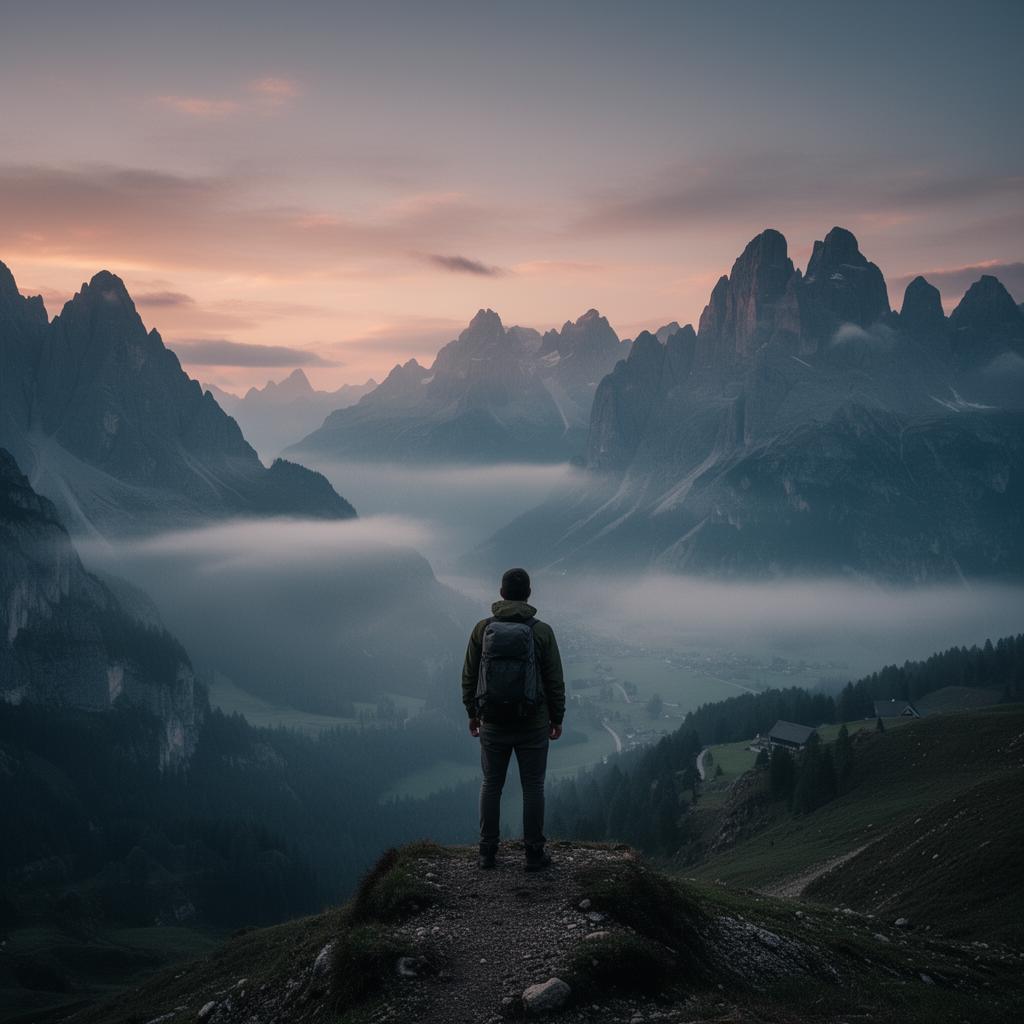 A lone traveler watching the mist rise over the Italian Dolomites at dawn